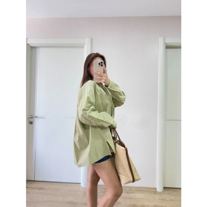 Yakalı Yandan Yırtmaçlı Gömlek - Yeşil