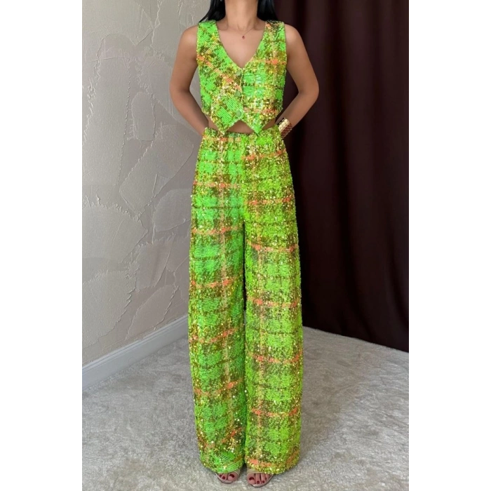 Yeşil Pullu Yelek Ve Pantolon Takım