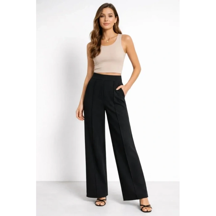 Yüksek Bel Palazzo Pantolon Çima Dikişli Bol Paça Akıcı Kumaş Günlük Ve Ofis Şıklığı - Siyah