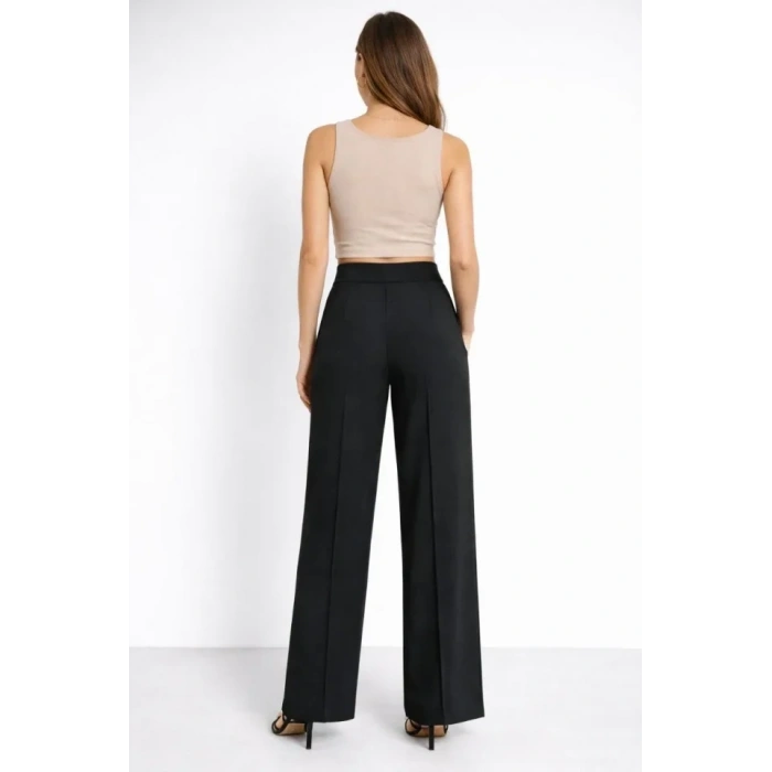 Yüksek Bel Palazzo Pantolon Çima Dikişli Bol Paça Akıcı Kumaş Günlük Ve Ofis Şıklığı - Siyah