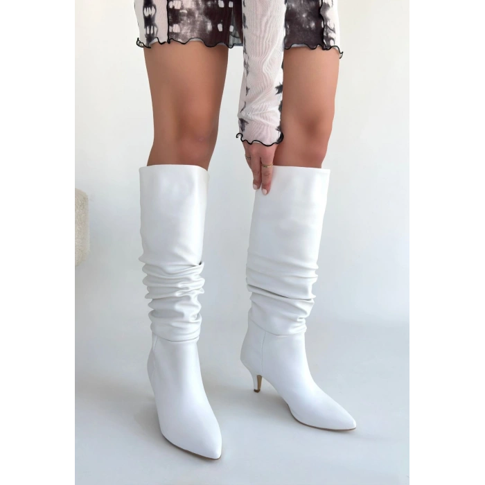 Zelya Beyaz Cilt Topuklu Çizme