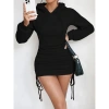 Kadın Uzun Kollu Kapşonlu Yandan Büzgülü Mini Viskon Iki Iplik Elbise
