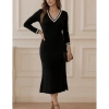 Kadın Uzun Kollu V Ribana Yakalı Yanlardan Yırtmaçlı Midi Viskon Iki Iplik Elbise
