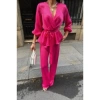 SATEN KRUVAZE BAĞLAMALI BLUZ- PANTOLON TAKIM - Fuşya