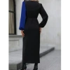 Kadın Uzun Kollu Kruvaze Yakalı Belden çapraz Detaylı çift Renkli Midi Ithal Krep Elbise
