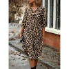 Kadın Uzun Kollu Yakalı önden Düğmeli Leopar Desenli Modal Midi Elbise