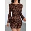 Kadın Uzun Kollu Bisiklet Yaka Leopar Desenli Dalgıç Mini Elbise