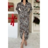 Leopar Önü Yırtmaçlı V Yaka Elbise