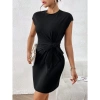 Kadın Kısa Kap Kollu Bisiklet Yaka Belden Bağlamalı Modal Mini Elbise