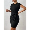 Kadın Kısa Kap Kollu Bisiklet Yaka Belden Bağlamalı Modal Mini Elbise