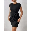Kadın Kısa Kap Kollu Bisiklet Yaka Belden Bağlamalı Modal Mini Elbise