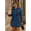 Kadın Uzun Kollu Yakalı önden Düğmeli Beli Kuşaklı Mini Ithal Keten Elbise