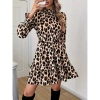 Kadın Uzun Kollu Yarı Balıkçı Yaka Leopar Desenli Modal Mini Elbise