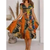Kadın Kısa Kollu V Yaka Renkli Karışık Desen Kloş Süprem Midi Elbise
