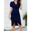 Kadın Kısa Kollu V Yakalı önden Fırfırlı Ithal Krep Elbise