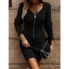 Kadın Uzun Kollu V Yakalı önden Fermuarlı Kısa Triko Elbise