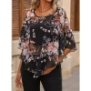 Kadın Kısa Kollu Yuvarlak Yaka çiçek Baskılı Asimetrik Kesim şifon Bluz
