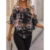 Kadın Kısa Kollu Yuvarlak Yaka çiçek Baskılı Asimetrik Kesim şifon Bluz