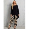Kadın Uzun Kollu Bisiklet Yaka Asimetrik Kesim Detaylı Viskon Bluz Ve çiçek Desenli Iki Iplik Pantolon
