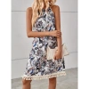 Kadın Halter Yaka Eteği Püsküllü Boyundan Bağlamalı çiçek Desen Süprem Elbise