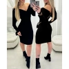 Kadın Uzun Kollu Omuzlardan Açık Kruvaze Yaka Kısa Triko Elbise