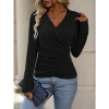 Kadın Uzun Kollu Kruvaze Yaka Yanlardan Büzgülü Viskon Bluz