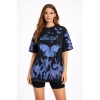 Asit Yıkamalı Oversize Tişört Mavi Kelebek Baskılı Dijital Print Bisiklet Yaka Streetwear T-Shirt - Siyah