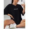 Baskılı Oversize Bisiklet Yaka T-shirt - Siyah
