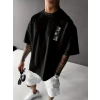 Baskılı Oversize Bisiklet Yaka T-shirt - Siyah