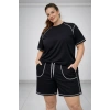 Battal Beden Kısa Kollu Tişört Şort Takım Kontrast Dikiş Detaylı Günlük Ev Giyimi - Siyah