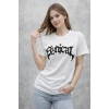 Bisiklet Yaka Ön Baskılı Kısa Kollu Tişört Streetwear Günlük Basic Pamuklu T-shirt - Beyaz