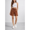 Dokuma Otoban Şort Beli Lastikli Bağcıklı, Cepli, Rahat Kesim Günlük Yazlık Şort - Kahverengi
