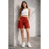 Dokuma Otoban Şort Beli Lastikli Bağcıklı, Cepli, Rahat Kesim Günlük Yazlık Şort - Turuncu