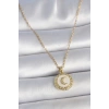 Erb 316L Çelik Gold Renk Zincir Beyaz Mineli Hilal İşlemeli Madalyon Model Kadın Kolye