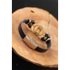 Erb Gold Renk Baykuşlu Metal Aksesuarlı Siyah Renk Deri Erkek Bileklik