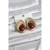 Erb Pirinç Gold Renk Bordo Taşlı Damla Model Vintage Kadın Küpe