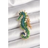 Erb Pirinç Gold Renk Yeşil Deniz Atı Model Zirkon Taş Detay Kadın Broş