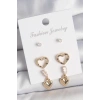 Erb Pirinç Gold Renk Zirkon Taşlı Sallantı Kalp Model Kadın 3 Çift Küpe Seti