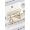 Erb Pirinç Zirkon Taşlı Kalp Model Gold Renk 3'lü Çift Kadın Küpe Set