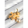 Erb Zirkon Taşlı Siyah Çizgili Turuncu Kaplan Figürlü Gold Renk Kadın Broş