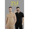 Erkek 2’li Paket Triko Yakalı Düğmesiz Açık Yaka Fitilli Kısa Kollu Regular Fit Tişört - Bej - Siyah