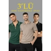 Erkek 3’lü Paket Dokuma Triko  Fermuarlı Yakalı Fitilli Kısa Kollu Regular Fit Tişört - Kahverengi, Haki, Siyah