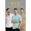 Erkek 3’lü Paket Triko Yakalı Düğmesiz Açık Yaka Fitilli Kısa Kollu Regular Fit Tişört - Bej, Beyaz, Mint Yeşili