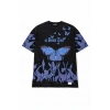 Erkek Asit Yıkamalı Oversize Tişört Mavi Kelebek Baskılı Dijital Print Bisiklet Yaka Streetwear T-Shirt - Siyah