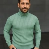 Erkek Balıkcı Yaka Bağazlı Triko Kazak Pamuklu Kalın Fitilli Dokuma, Regular Fit Uzun Kollu Kışlık Model - Mint Yeşili