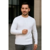 Erkek Bisiklet Yuvarlak Yaka Triko Kazak Pamuklu Kalın Fitilli Dokuma, Regular Fit Uzun Kollu Kışlık Model - Beyaz