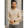 Erkek Bisiklet Yuvarlak Yaka Triko Kazak Pamuklu Kalın Fitilli Dokuma, Regular Fit Uzun Kollu Kışlık Model - Bej