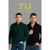 Erkek Fitilli Triko Kazak 2’li Set – Siyah - Haki Kalın Dokuma Pamuklu Regular Fit V Yaka Fermuarlı Uzun Kollu Rahat Kışlık Kazak Kombini