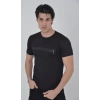 Erkek Göğüste Fermuar Aksesuarlı Dar Kalıp T-Shirt - Siyah