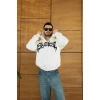 Erkek Kapüşonlu Sweatshirt Hoodie 3 İplik Şardonlu Pamuklu Kumaş, Önü Baskılı, Fermuarlı Rahat Kalıp, Kışlık Ve Sokak Stili Sweat - Beyaz